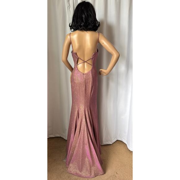 Faviana Sparkly Metallic Long Jersey Dress With Leg Slit pink 2 - Picture 12 of 16